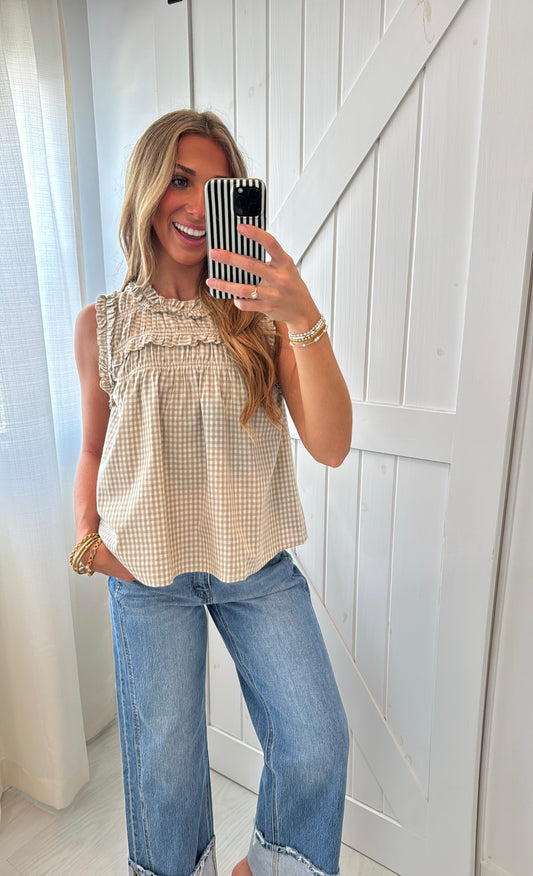 Beige Gingham Ruffle Blouse