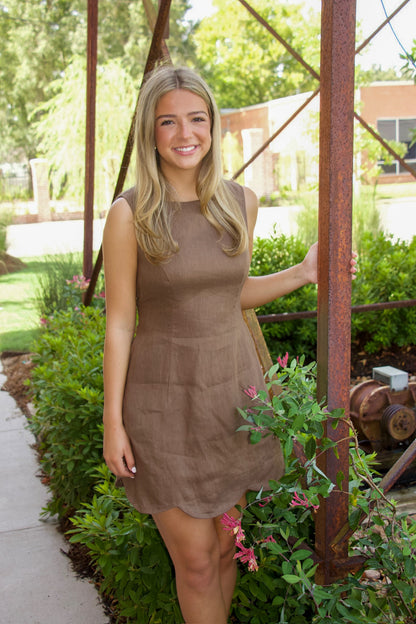 Brown Linen Scalloped Dress