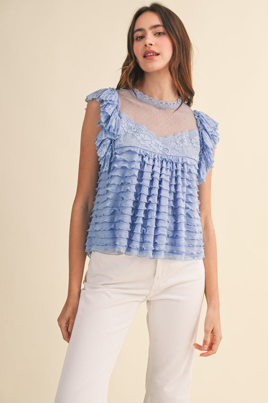 Blue Ruffle Mesh Top