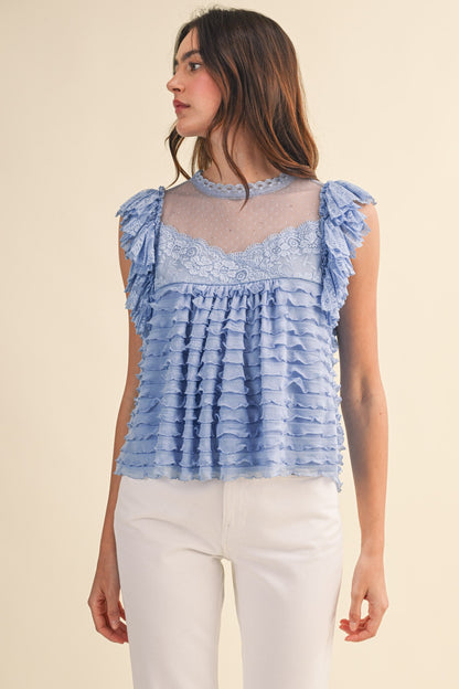 Blue Ruffle Mesh Top