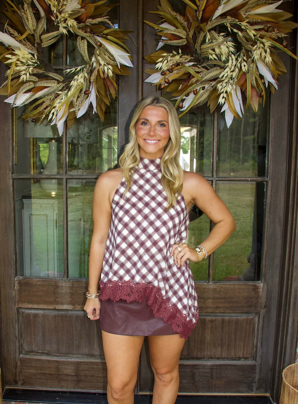 Merlot Gingham Lace Trim Top