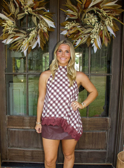 Merlot Gingham Lace Trim Top
