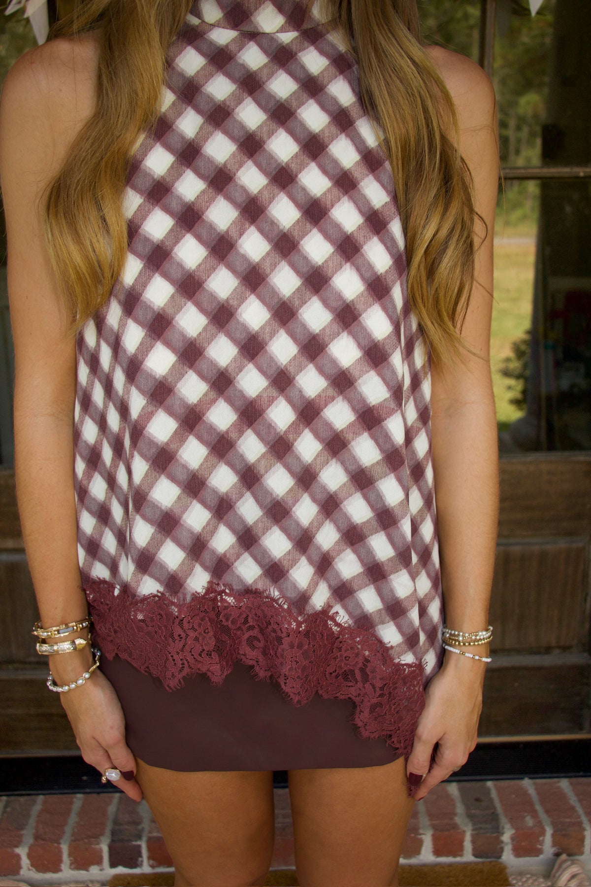 Merlot Gingham Lace Trim Top