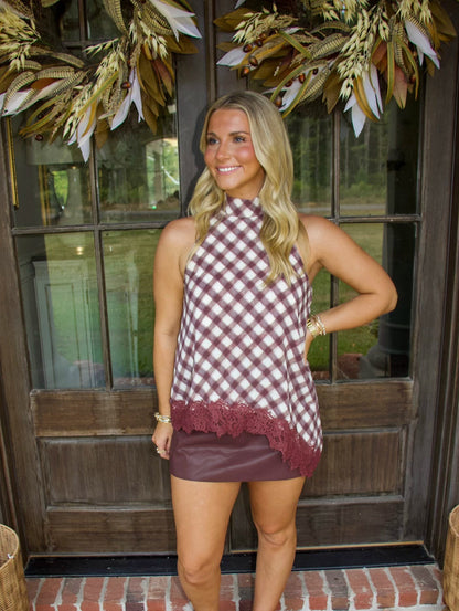 Merlot Gingham Lace Trim Top