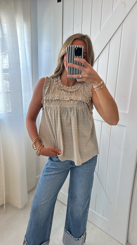 Beige Gingham Ruffle Blouse