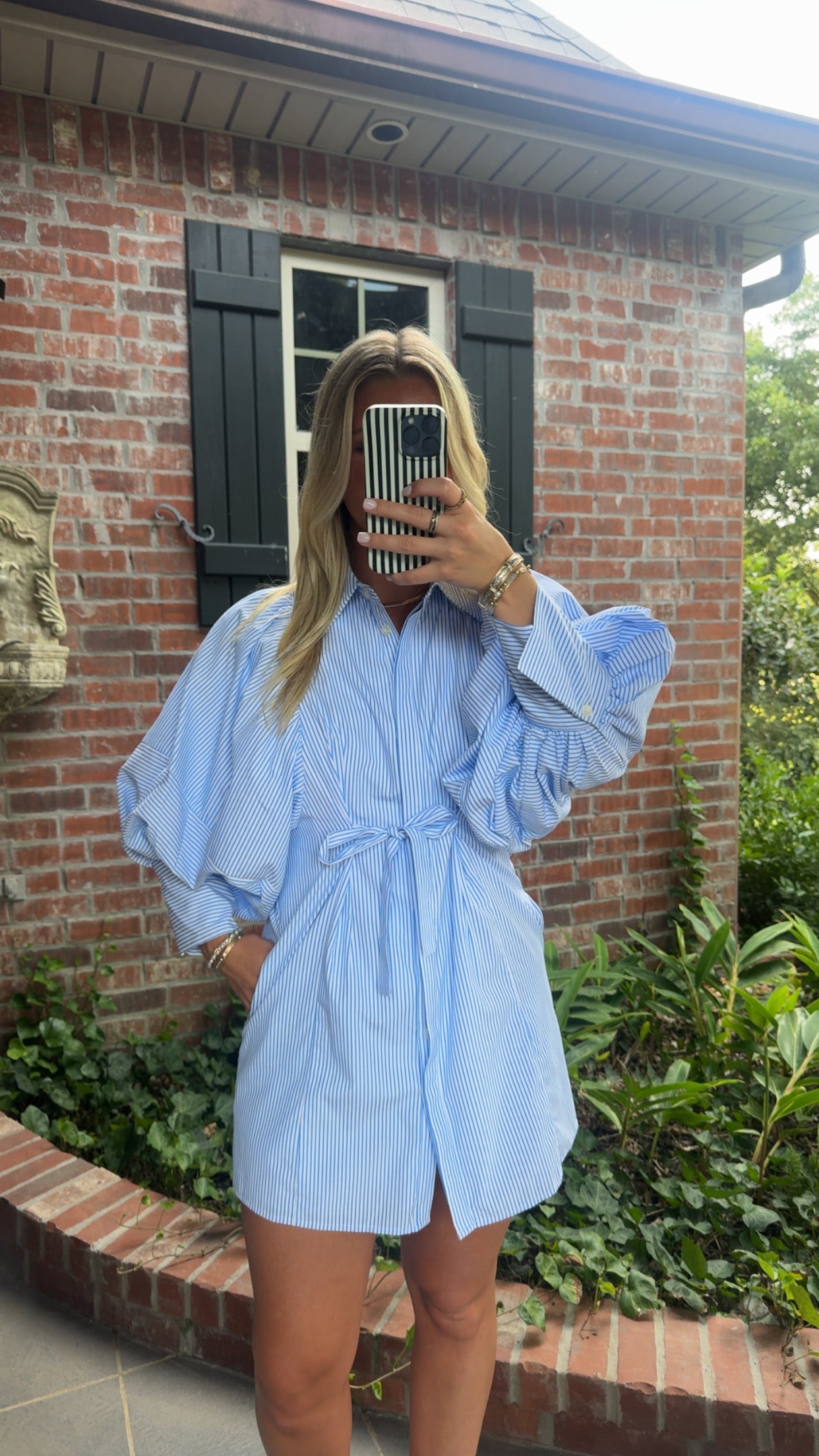 Blue Stripe Ballon Sleeve Dress