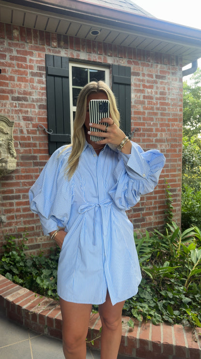 Blue Stripe Ballon Sleeve Dress