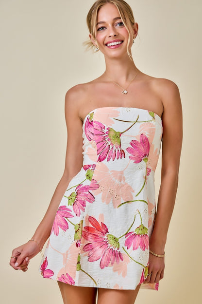 Floral Print Eyelet Strapless Mini Dress